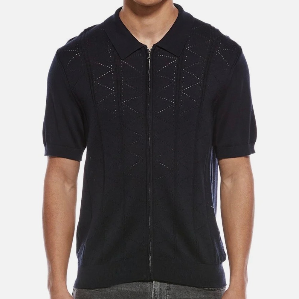 Jason Wu Mens XL Black Pointelle Knit Full Zip Short Sleeve Polo Shirt NEW
